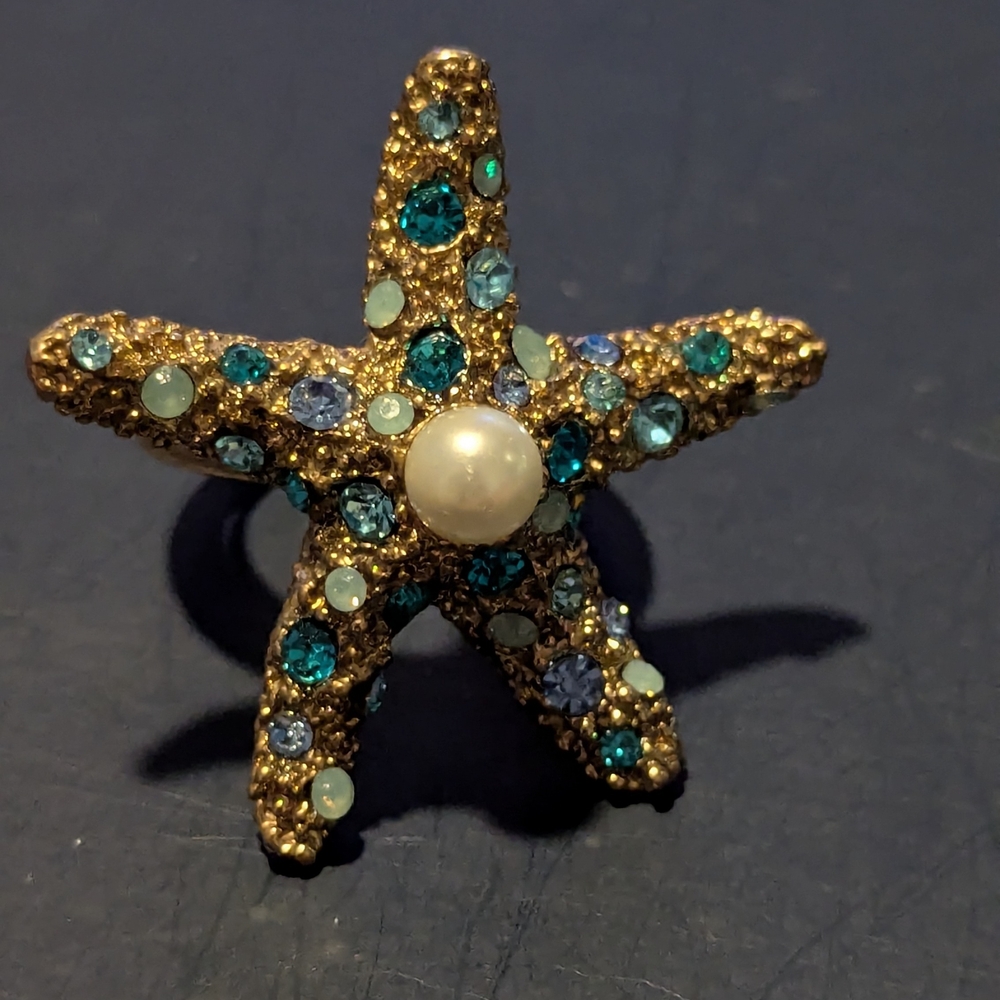Betsey Johnson Gold Starfish Ring with Blue and Green Accents